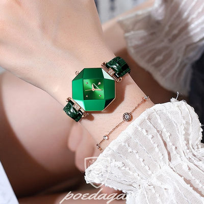 Luksusowy Zegarek Kwarcowy z Zielonym Diamentem
