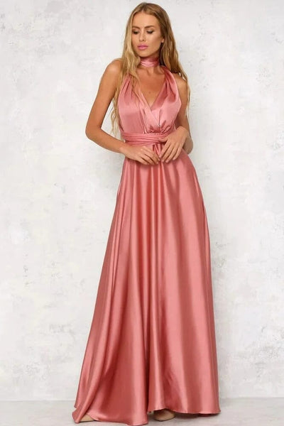 Różowa elegancka sukienka maxi z satyny