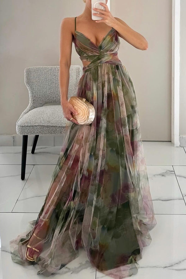Rosea Elegancka Sukienka Maxi z Koronkowym Wiązaniem i Nadrukiem