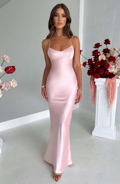 Rosea luksusowa satynowa sukienka maxi