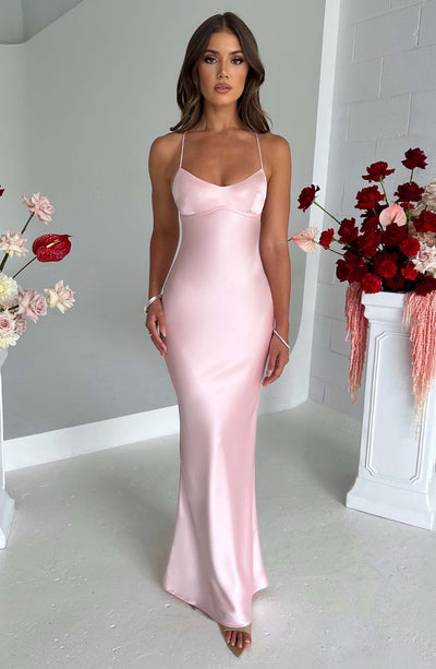 Rosea luksusowa satynowa sukienka maxi