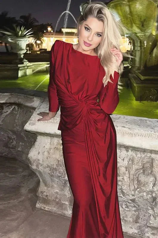 Rosea stylowa sukienka maxi z długim rękawem i skręcanym przodem