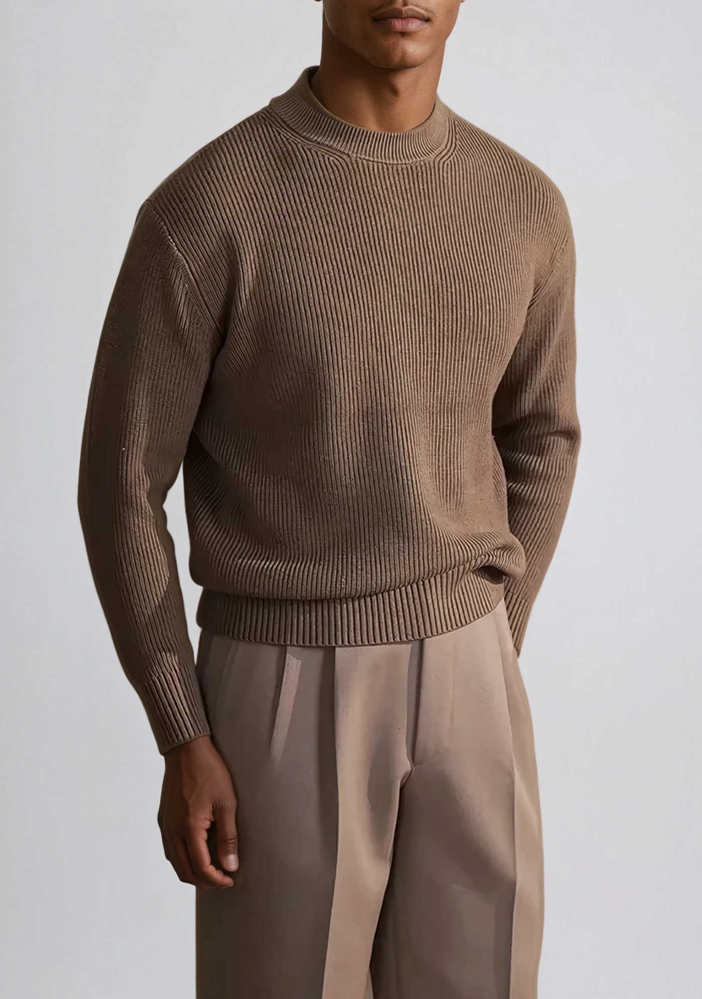 Sweter O-Neck w prążki Brązowy