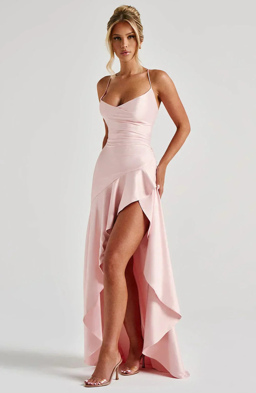 Sukienka maxi Rosea Satin z falbankami